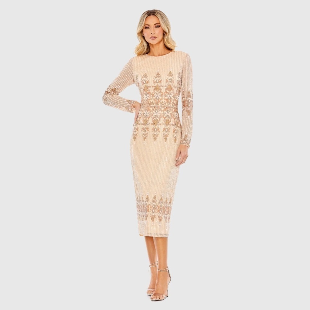 Mac Duggal 5576 NWOT Peach Embellished Long Sleeve High Neck Sheath Dress